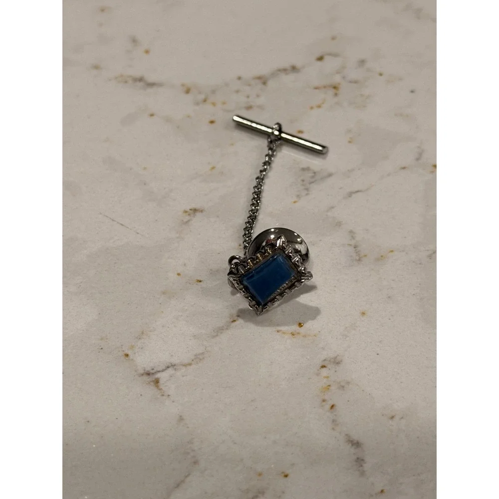Vintage Embassy Cufflinks and Tie Tack Set Blue Stone Mesh Silver Tone with Box